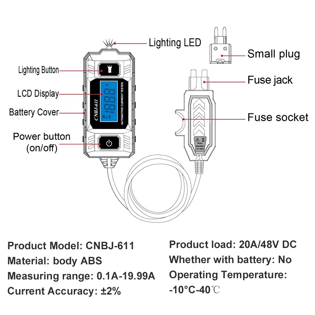 Automotive Fuse Current Tester LCD Display Car Circuit Tester High Precision Blade Fuse Circuit Measurement Fault Test Tool