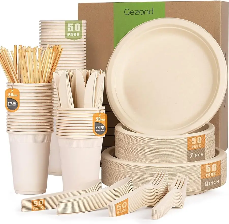 

Gezond 350pcs Compostable Paper Plates Set Eco-friendly Heavy-duty Disposable Cutlery Includes Biodegradable Forks, Knives, Spoo