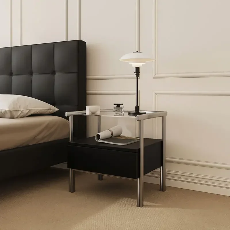 Nordic Light Luxury Stainless Steel Large-capacity Storage Bedside Table Bedroom Home Bedside Creative Glass Storage Locker