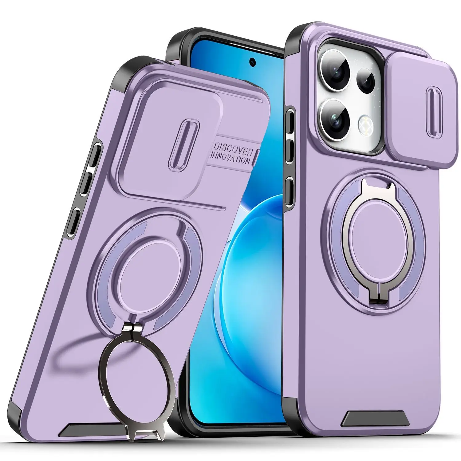 Magnetic 360° Ring Armored Shockproof Phone Case with Camera Sliding Window and Protective Shell