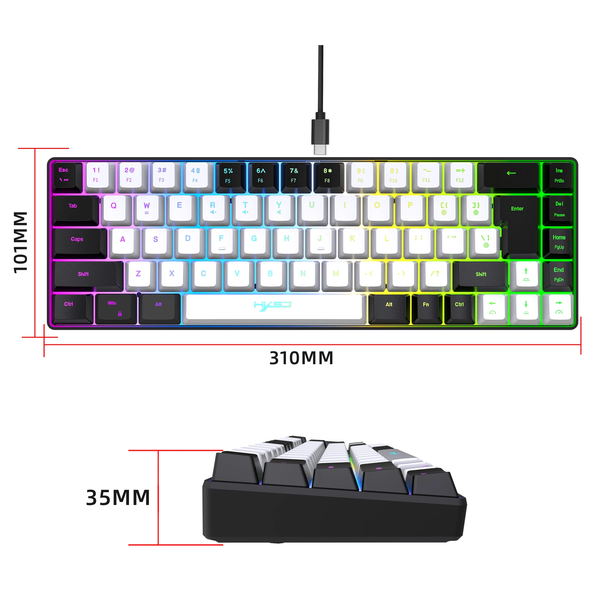 68 키 게임용 키보드 USB 유선 휴대용 20 RGB 백라이트 키보드 Windows 노트북 컴퓨터 용 흑백 키캡