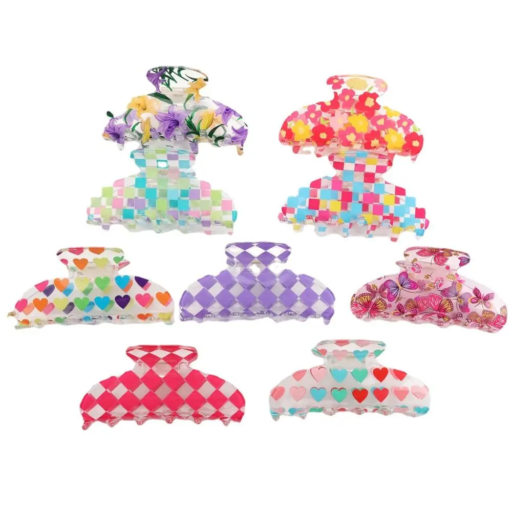 

Заколка для волос с цветочным принтом, прозрачный зажим для волос в виде шахматной доски, пластиковая заколка для акулы, большая заколка для волос для отпуска