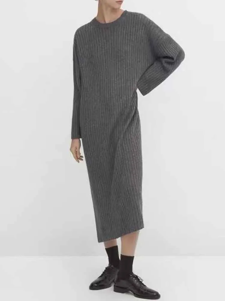 

Women New Fashion Loose basic style Elastic stripe Pendulous Midi Dress Vintage O Neck Long Sleeve Female Dresses Vestidos Mujer