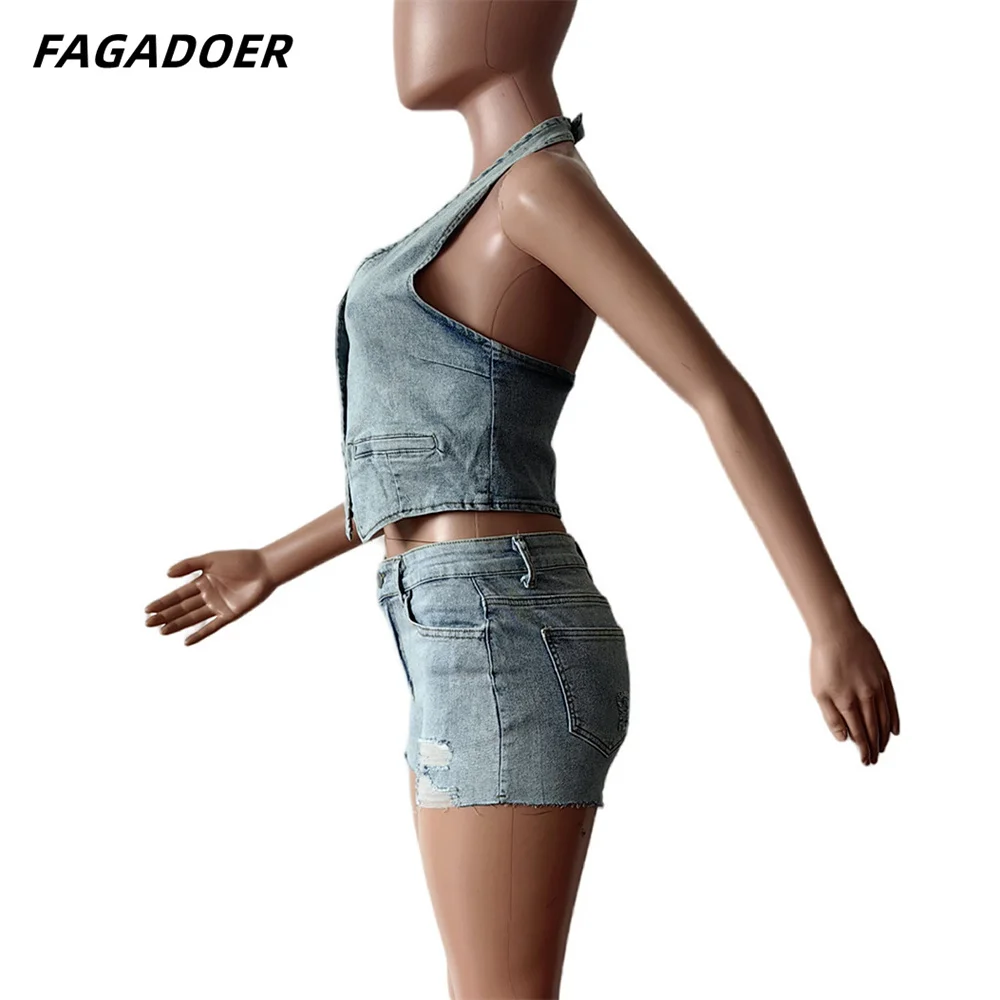 FAGADOER Blue Summer New Denim Shorts Two Piece Set Women V Neck Backless Sleeveless Tank Top And Hole Shorts Outfits Streetwear