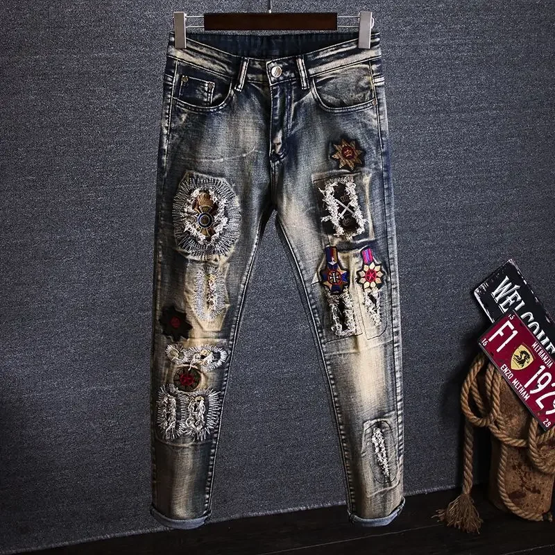 

Men's Jeans Broken Ripped Trousers Graphic Man Cowboy Pants with Holes Stretch Torn Embroidery Elastic Spring Autumn Summer Goth