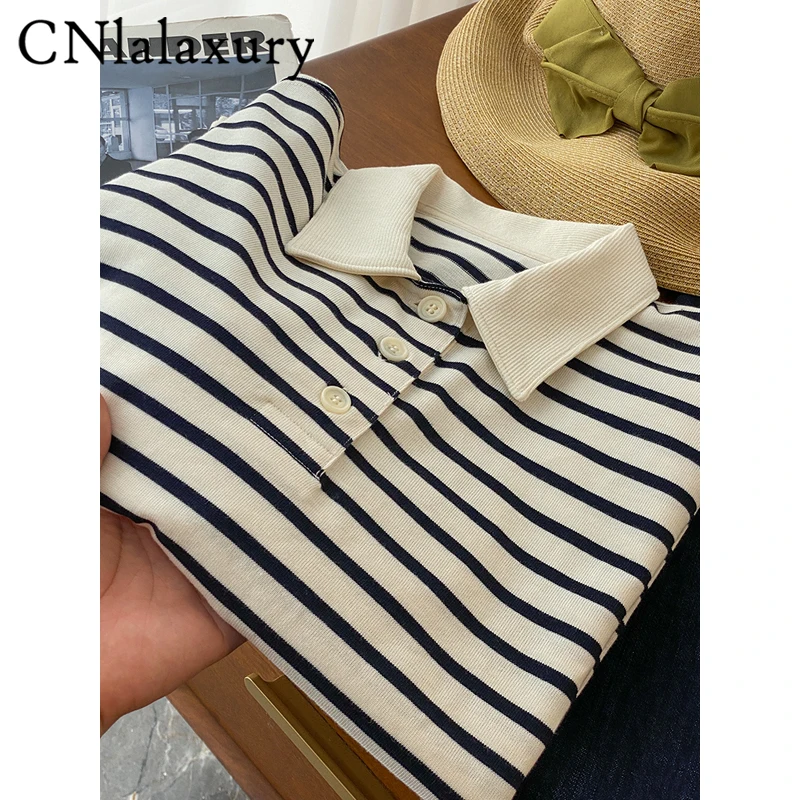 CNlalaxury Spring Autumn POLO Collar Striped T-shirt Woman Long Sleeves Cream Color Loose T-shirts Casual Fashion Top Female