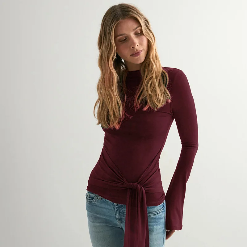 Spring and Autumn New Fashion 2026 Women's O Neck Long Sleeve T-Shirt Elegant Flared Sleeve Cinched Waist Lace-up Pullover Top