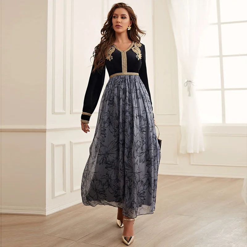 

Women Casual Floral Print Patchwork Long Sleeve V-Neck Dress Big Swing Long Dress Sundress Maxi Dress Long Sundress Muslim Dress