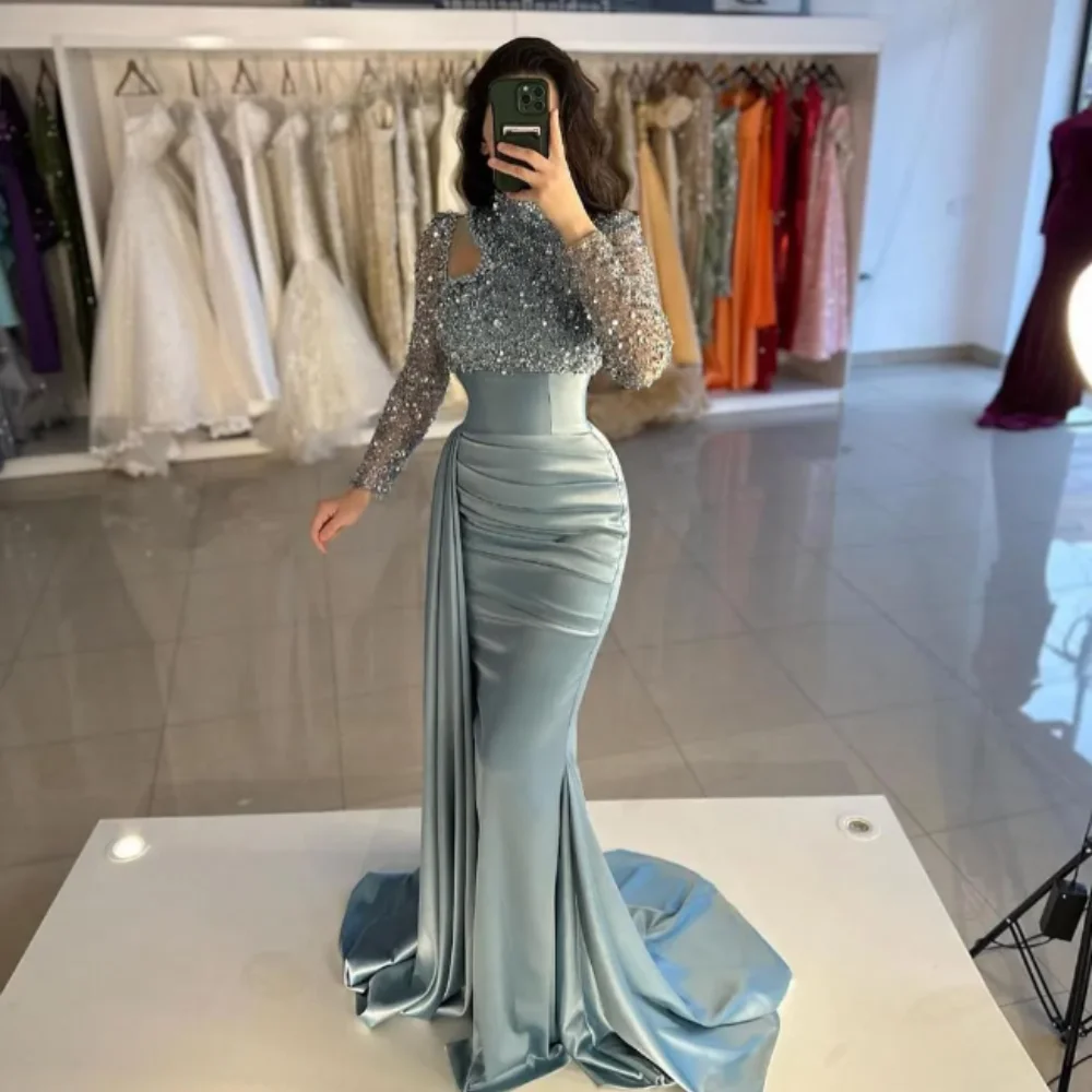 

Stylish Beaded Mermaid Prom Dresses Long Sleeves Sequined Evening Gowns High Neckline Sweep Train Side Split Special Occasion
