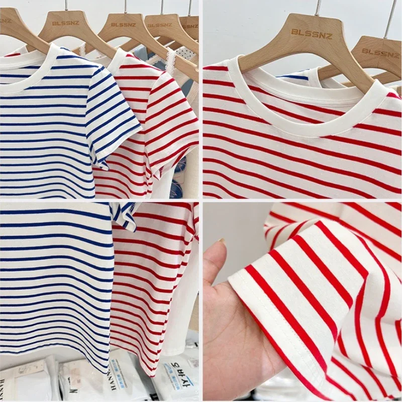 Gestreiftes Kurzarm-Damen-T-Shirt 2026 Sommer Neuheit Baumwolle Lässig Vielseitig Schlanke Passform Modische Oberteile Farbblock-Shirt – Detail 2