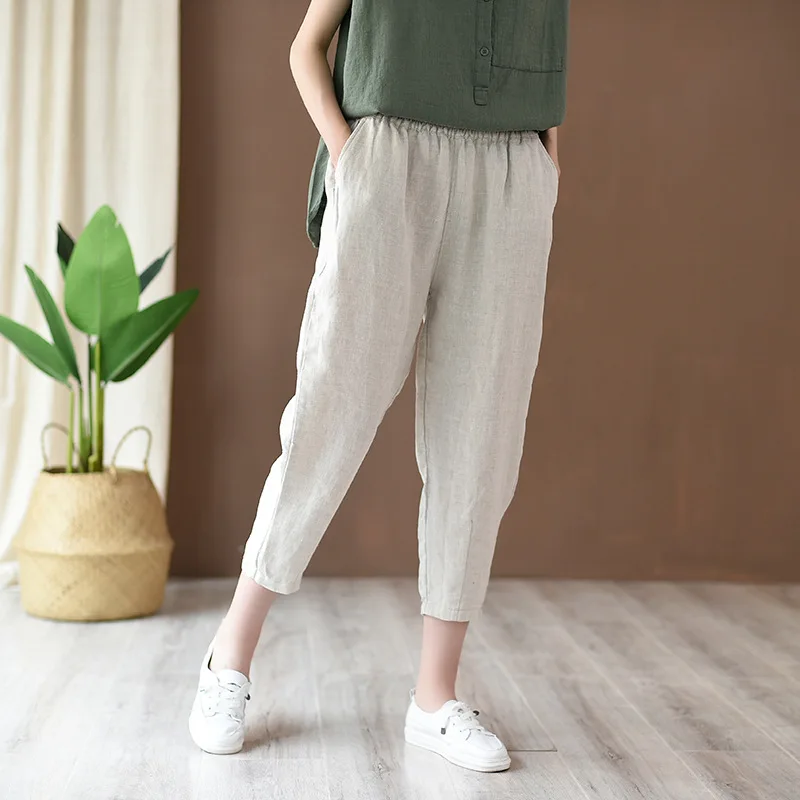 2022 New Style Loose Women Calf-length Pants Spring Summer Solid Cotton Linen Women Pants RV658 white capris