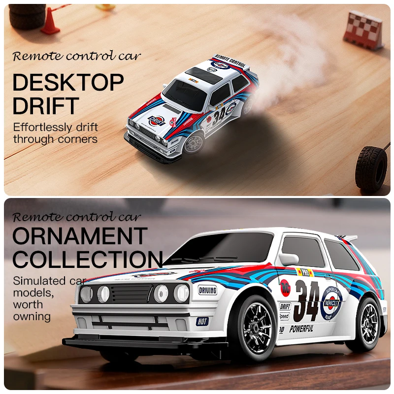 Télécommande 2.4GHz et batterie 220mAh à côté de la Voiture RC Drift KF34. Achetez la Machine de Drift de Précision.