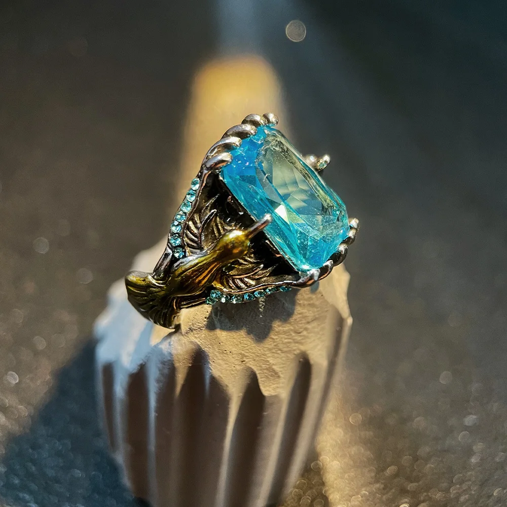 Retro Dragon Claw Golden Eagle Blue Gem Ring for Men & Women Antique Gothic Adjustable Open Ring Alloy Jewelry Lovers Gift 4