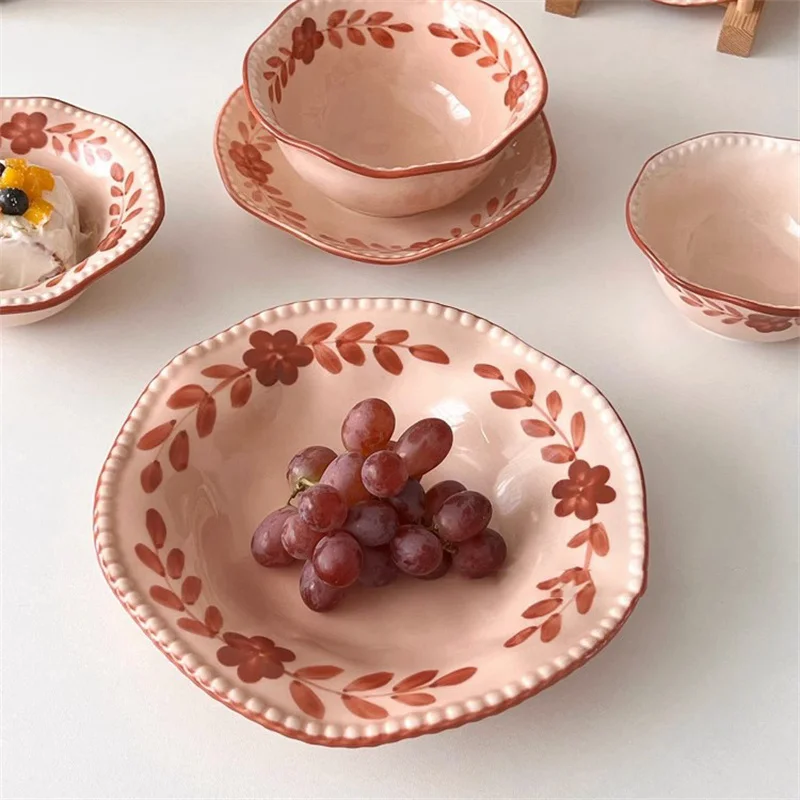 

INS Vintage Caramel Lace Irregular Ceramic Dining Plate Set High Beauty Household Small Bowl Breakfast Plate