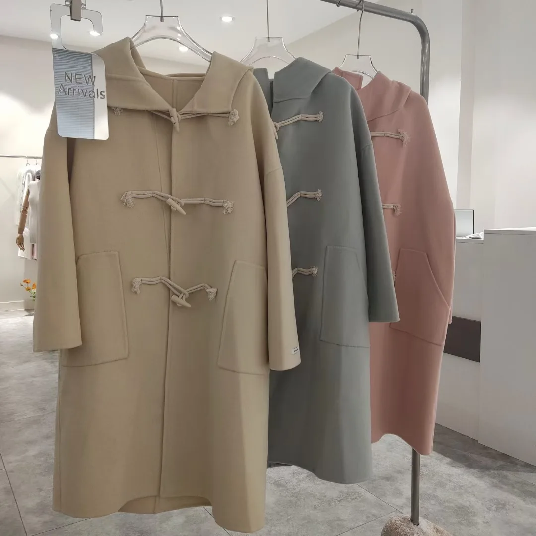

Autumn Winter Long Wool Tweed Coat Women Casual Loose Single-Breasted Thicken Jacket Sweet Solid Pocket Hooded Overcoat