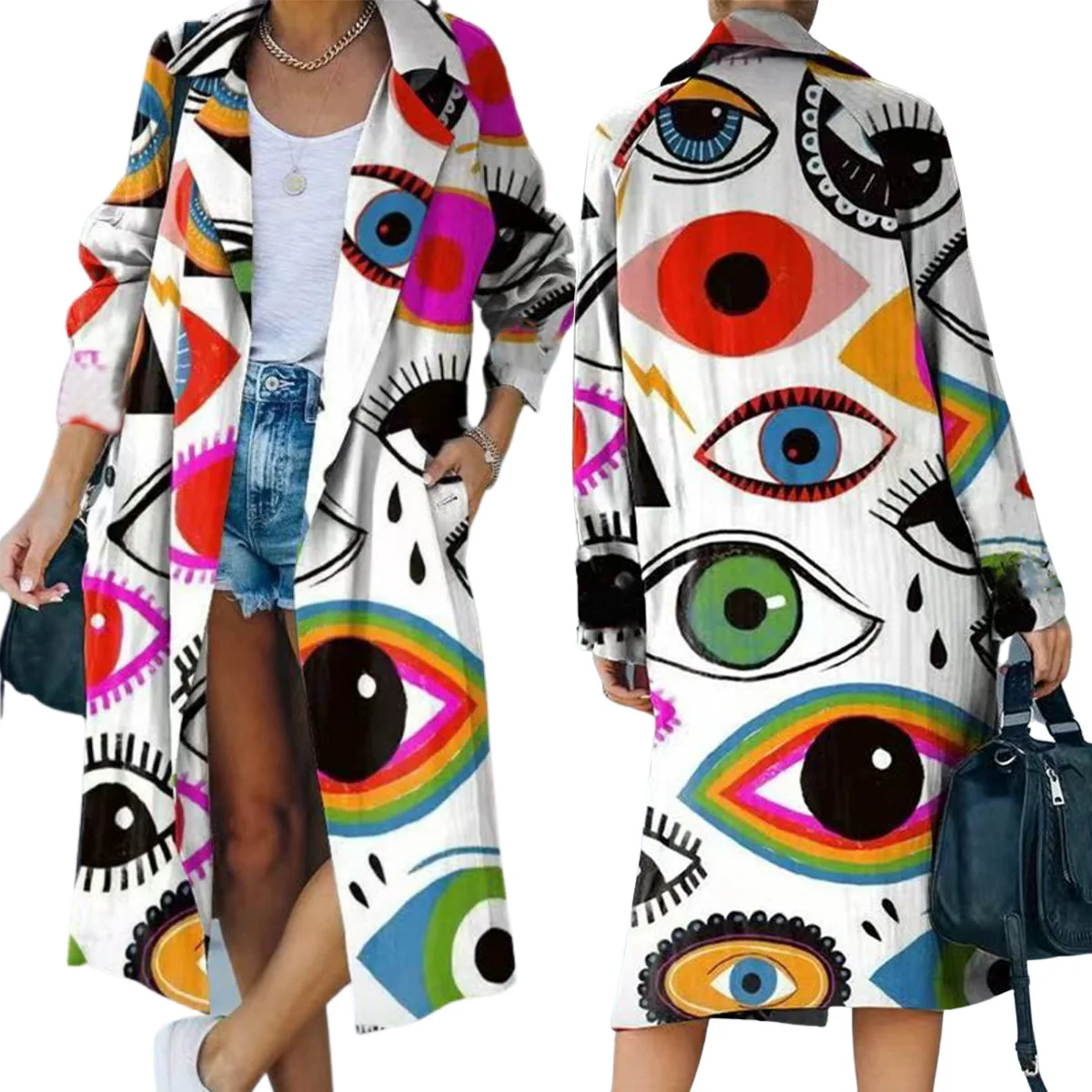 

2023 new European and American women's fashion color contrast eye pattern printing long autumn and winter coat