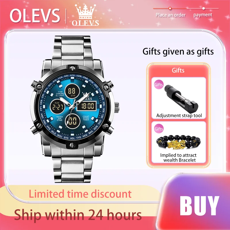 OLEVS Brand Trend Men's Watches Three Times Quartz Watch Alarm Clock LED Display Waterproof Chronograph Original Male Wristwatch cdclvc1108pwr tssop 16 low jitter lvcmos fanout clock buffer brand new original