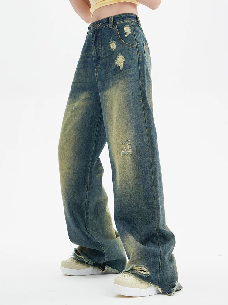 

Женские Синие рваные джинсы Y2k, мешковатые уличные брюки в стиле Харадзюку 1920-х годов, джинсовые брюки в стиле граффити, винтажная одежда оверсайз, 2000