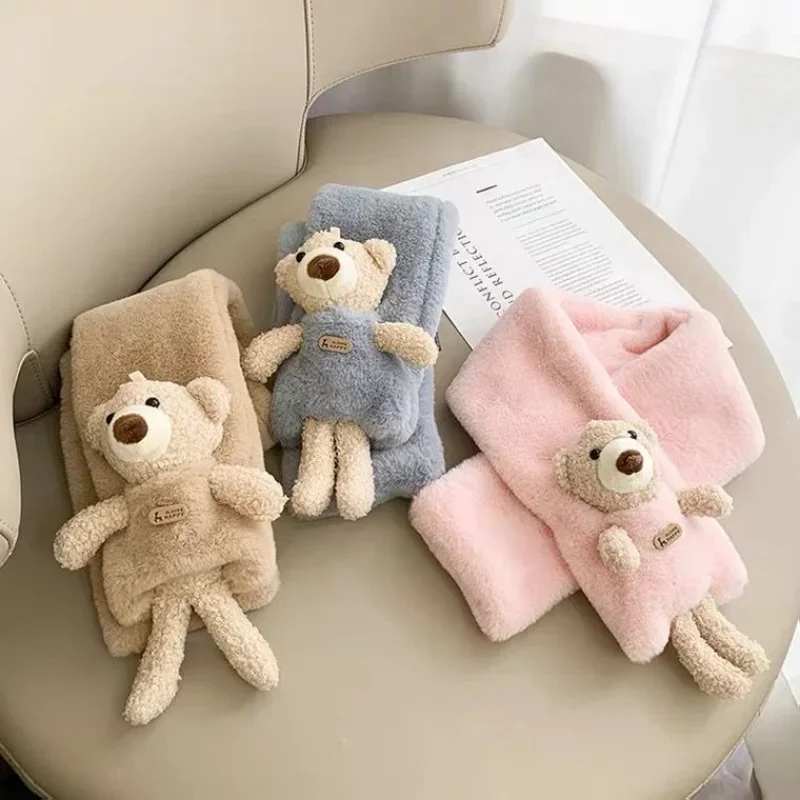 Cute Bear Scarf Children's Imitation Rabbit Fur Thickened Scarf Boys and Girls Winter Plus Velvet Baby Warm Scarves