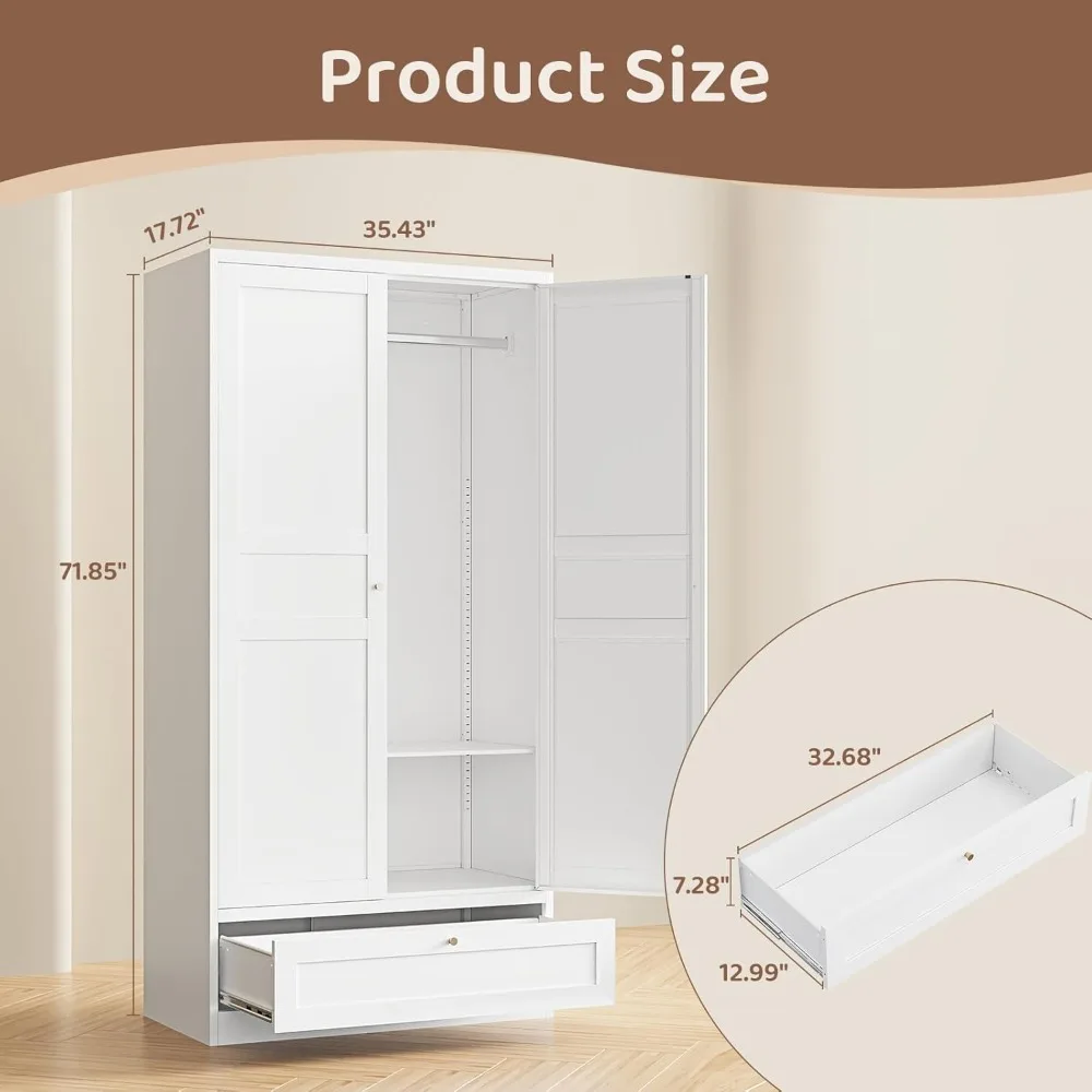 Metal Armoire Wardrobe Closet,72" Tall Wardrobe Cabinet with Drawer,2 Doors Wardrobe Closet with Adjustable Shelves and Hanging 2