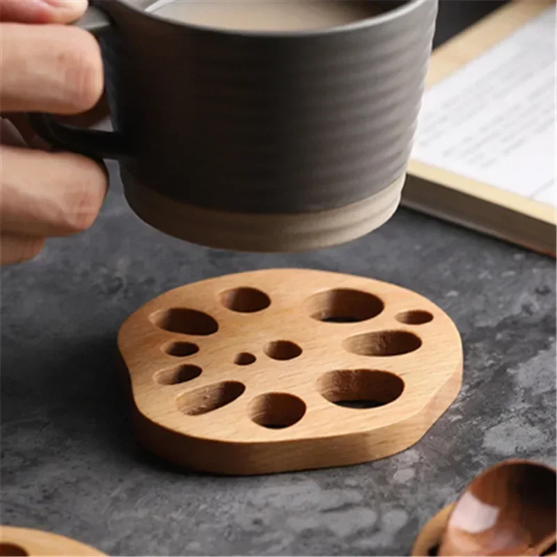 1pc-Wood Coasters Cute Decorative Lotus Root Cup Pad Eco-friendly Beech Coaster Reusable Hollow Mats for Tableware Bowl Plate