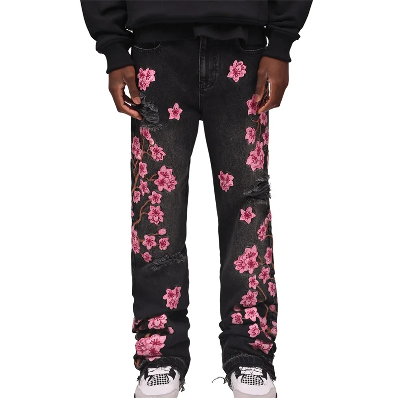 Men Jeans Denim Trousers Floral Embroidery Ripped Pockets Casual Vintage Streetwear
