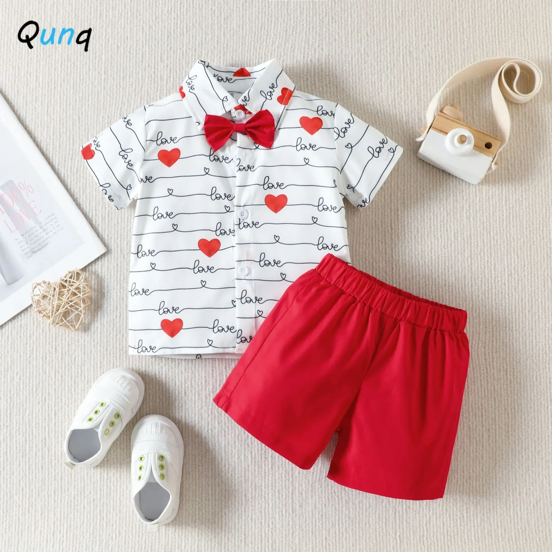 

Qunq 2023 Summer Boy Turn-Down Collar Print Short Sleeve Single Breasted Top + Shorts 2 Pieces Set Casual Kids Clothes Age 3T-8T