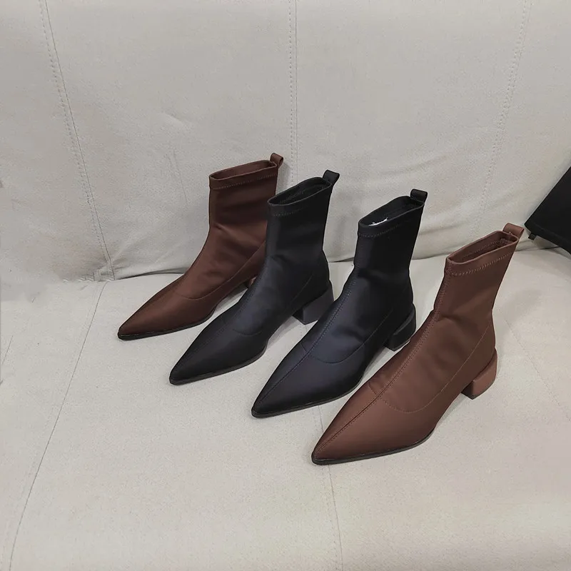 

2023 Spring Autumn Retro Women Ankle Boot Elastic Fabric Fashion Pointed Toe Ladies Short Boots Low Heel Outdoor Shoes