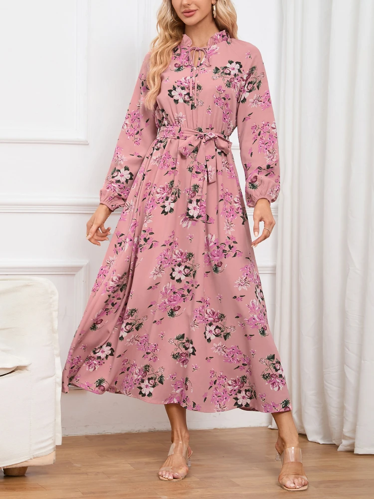 

Vintage Elegant Floral Printed Bow Lace Up Collar Women Dresses Winter Lantern Long Sleeve Chic Long Dress With Belted Bandage