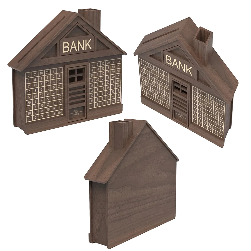 House Shaped Piggy Bank Money Saving Box with Number & Marker Rustic Coin Bank Money Storage Box for Children and Adults