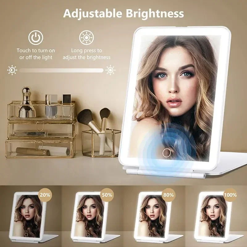 Portable Foldable Travel Makeup Mirror Led Light Infinite Dimming Bedroom Vanity Mirror Usb Rechargeable Make Up Tools