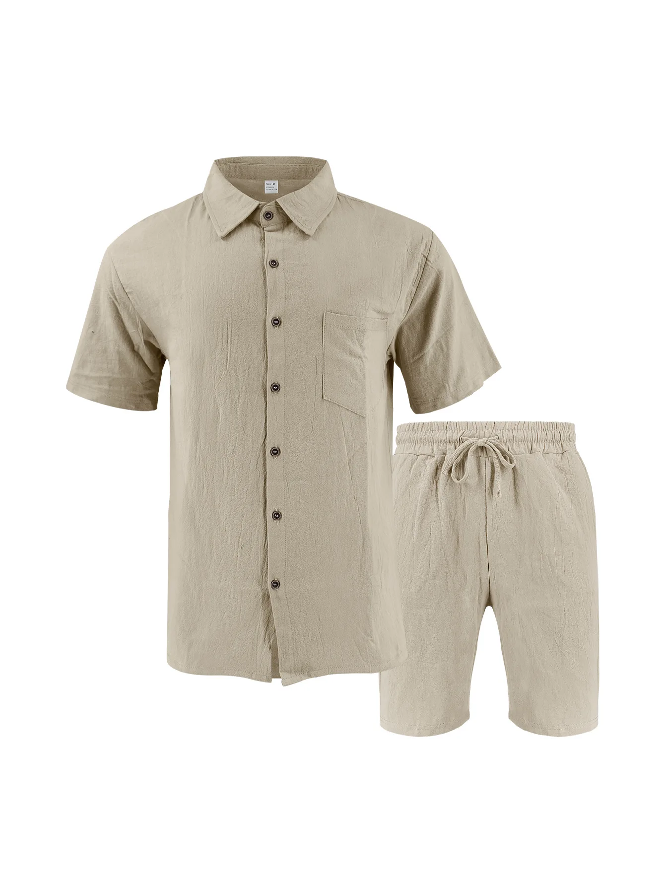 Summer Men's Solid-Color Linen Beach Suit, Lapel Button Short-Sleeved Shirt Paired With Drawstring Shorts, Casual 2-Piece Set