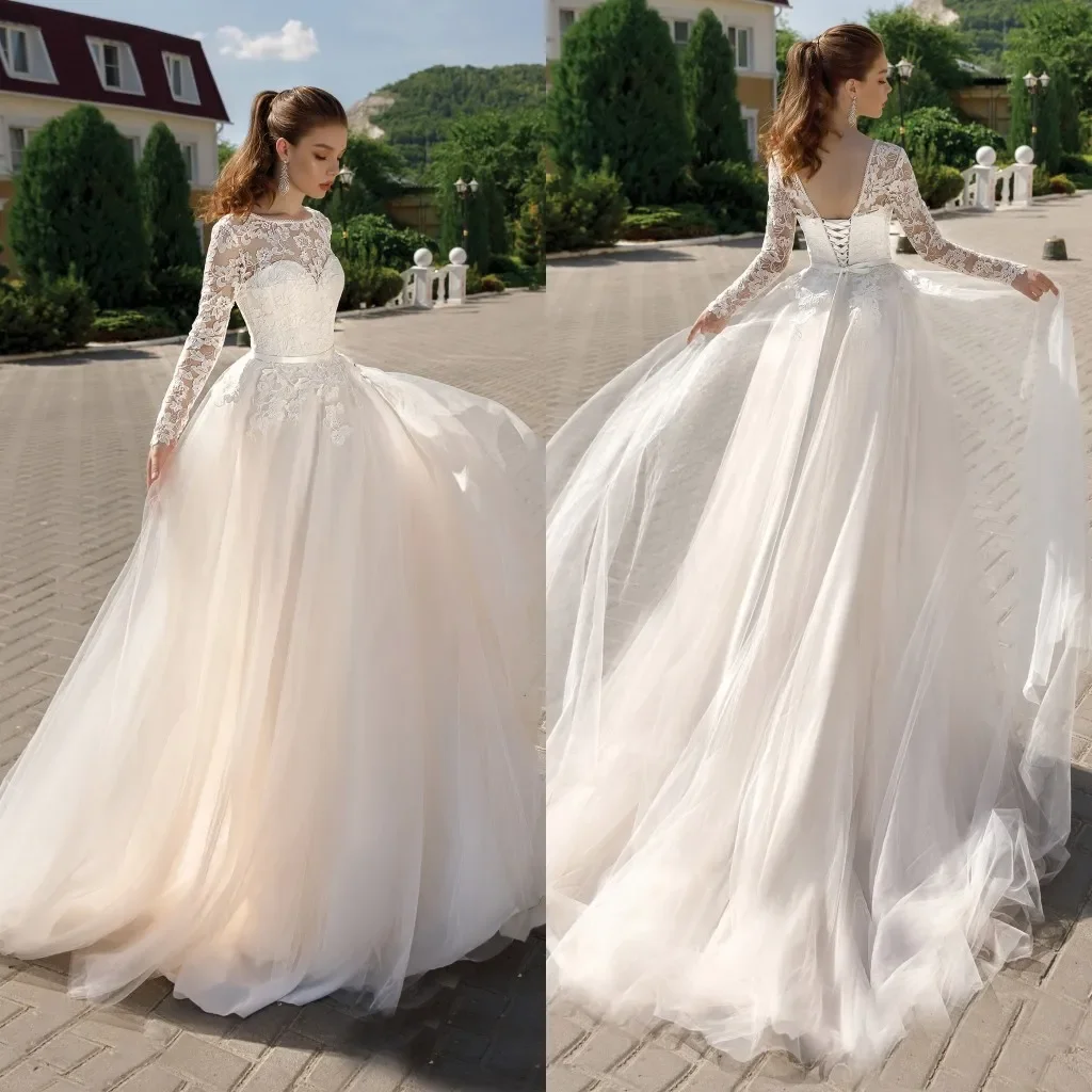 

Elegance Long Sleeve A Line Wedding Dresses See Through Illusion Appliques Bridal Gowns Lace-up Back Beach Wedding Dress