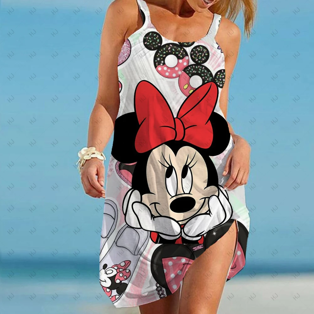 

Disney Minnie Mickey Print Women Dress Vintage Woman Beach Dress Sling Midi Sleeveless Dresses Boho Girls Streetwear Night Dress