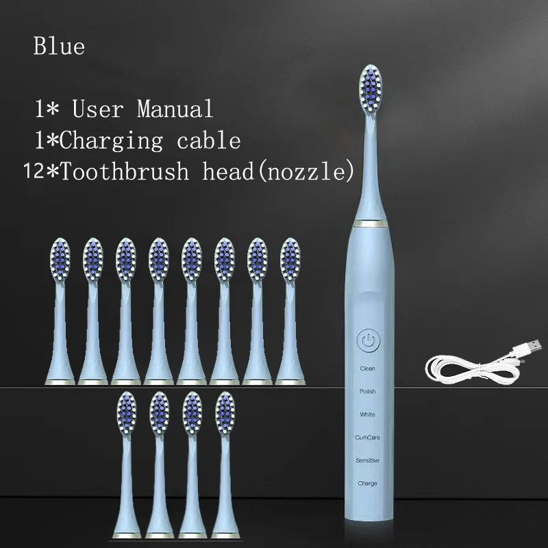 thumbnail image 1 of Cepillo de dientes eléctrico sónico blanqueador IPX7 resistente al agua, 4 cabezales, cargador USB, recargable, limpieza profunda, 1 of 5
