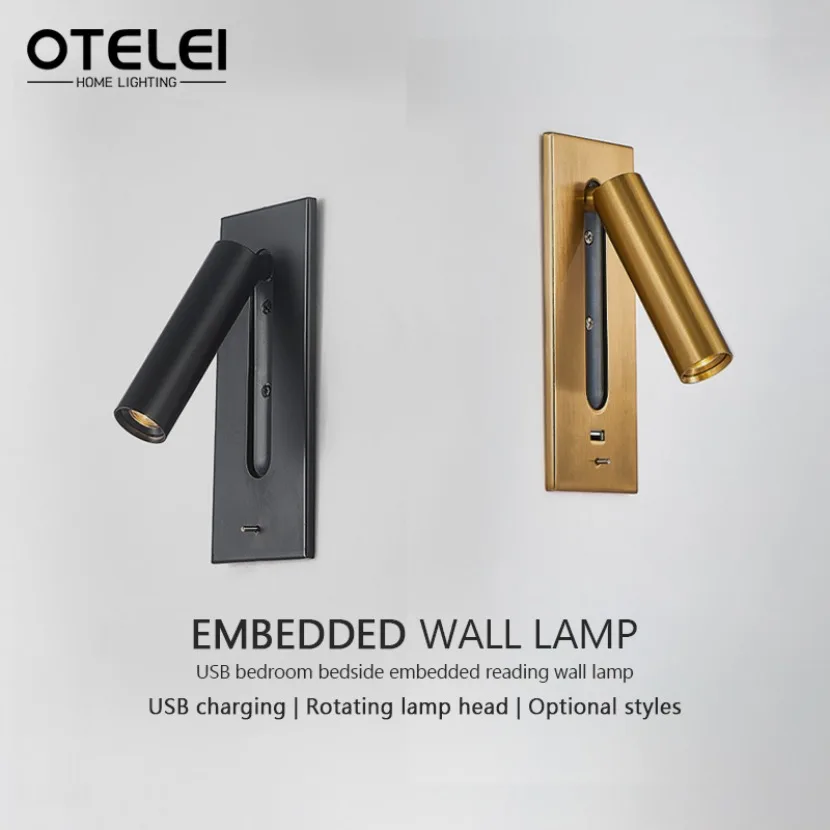 모던 LED 임베디드 벽 램프, USB 충전 실내 독서 조명, 침실 침대 옆 거실 서재 실내 조명