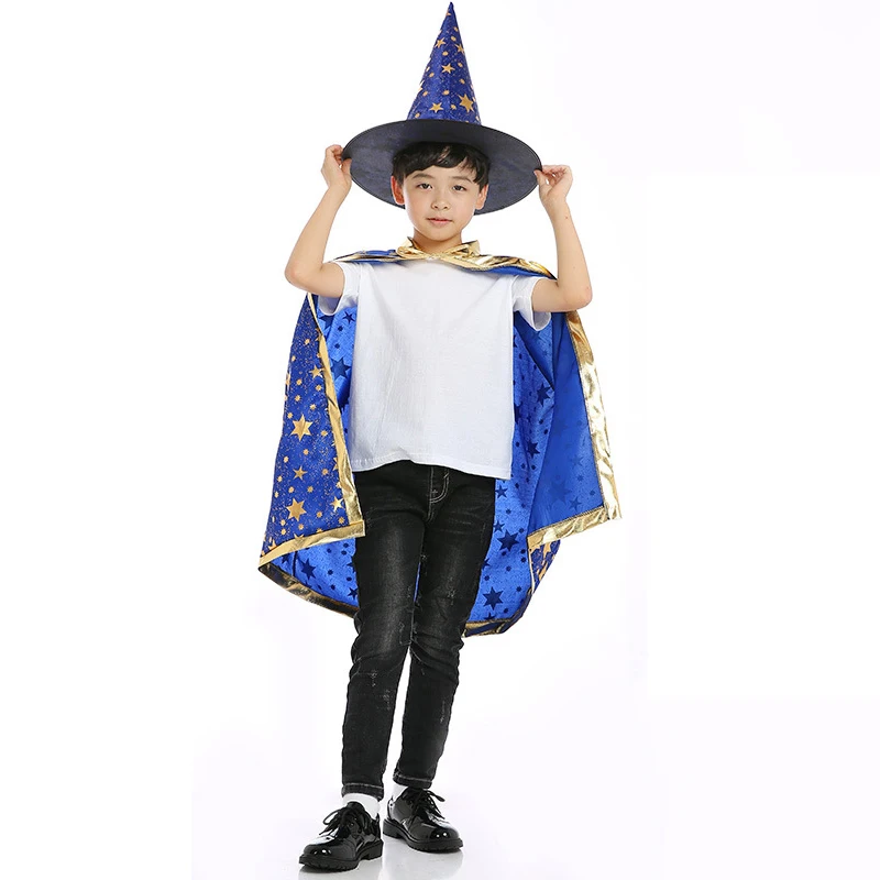 Kids Cosplay Costume Sydanne Kids Magician Wizard Cloak Hat Cosplay Costume Hot Stamping Five-pointed Star Cloak Party Costume Halloween