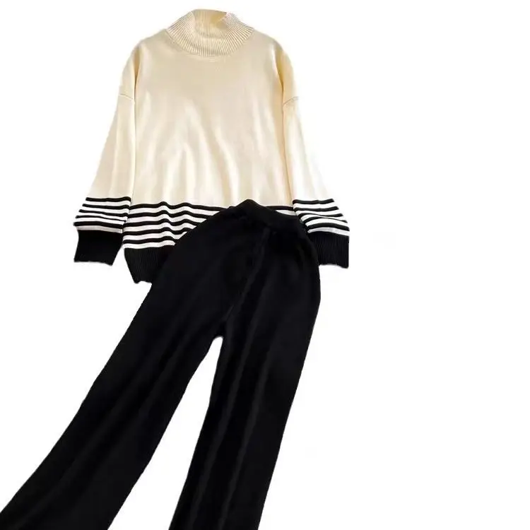 Half High Collar Stripe Stitching Pullover Sweater Womens Korean High Waist Straight Wide Legs Knitted Two Piece Set Sweatshirts