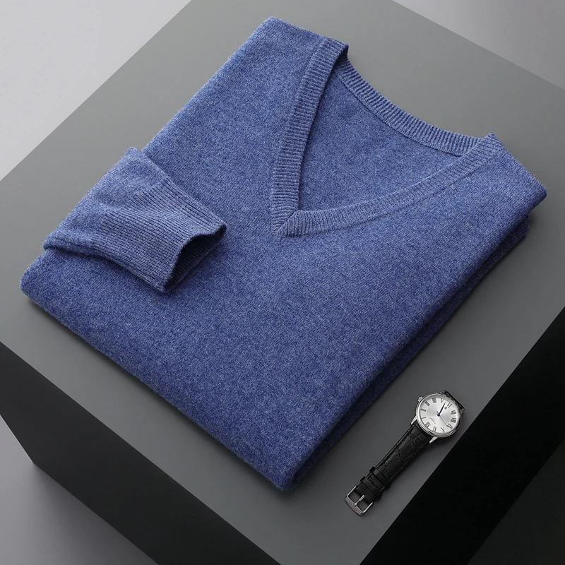 

Autumn And Winter New Men's V-Neck Cashmere Loose Thickened Solid Color Wool Knitted Bottoming Shirt Business Casual Sweater