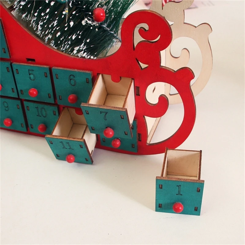 Tree House Sleigh Wooden Advent Calendar Countdown Christmas Party Decor 24 Drawers with LED Light Ornament