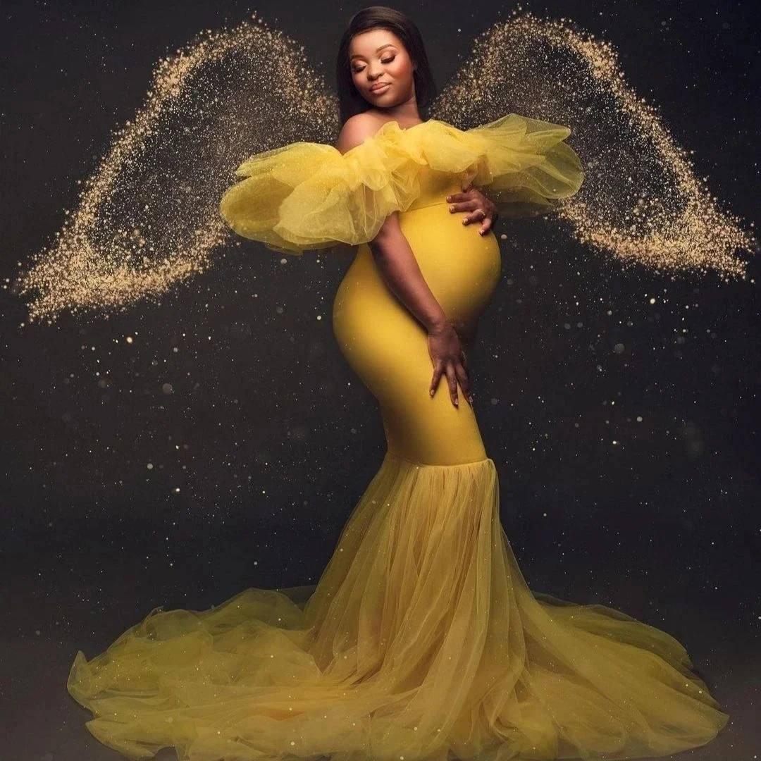 

Elegant Yellow Long Maternity Dresses Layerd Pleated Tulle For Pregnant Women Mermaid Off Shoulder For Photoshoot Babyshower