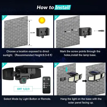 IP65Waterproof Triple Head Outdoor Solar Light, 210LED 2500LM Motion Sensor Safety Light for Porch, Garage, Yard Entrance, Patio 6