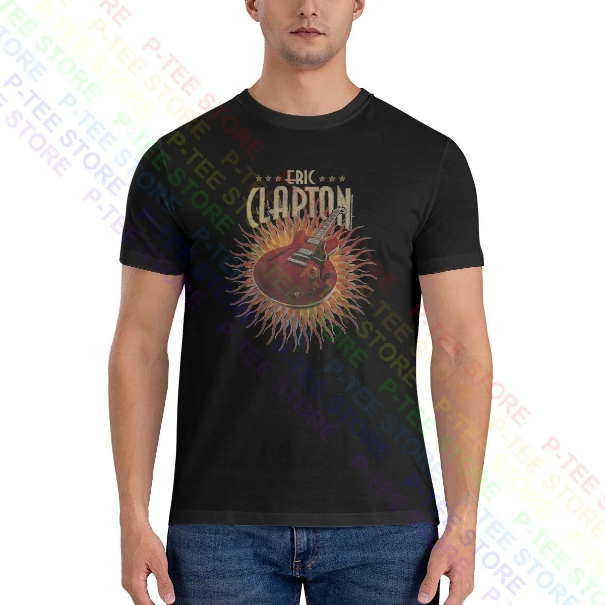 Eric Clapton Fire Background Gibson Les Paul Shirt T-Shirt Best Retro Splicing Hot Deals Tee