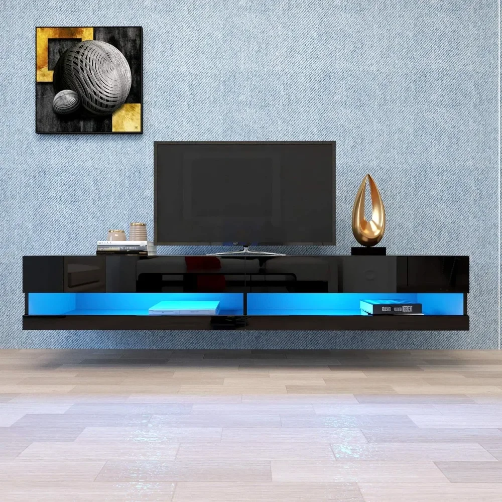 

Modern Floating TV Stand, Wall Mounted, with LED Light, 20 Colors, Entertainment Center, with Storage Space, Media Console,Black