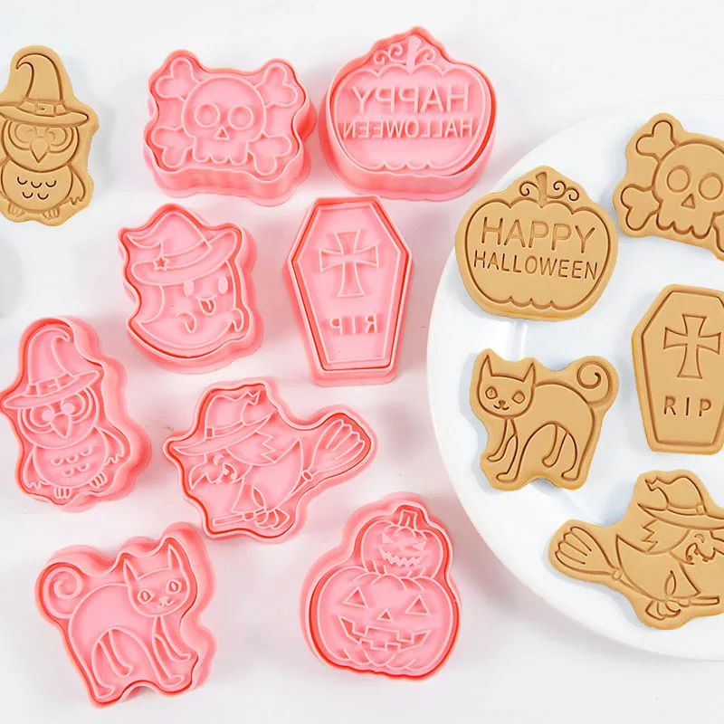 

8Pcs/box Halloween Theme Plastic Cookie Cutter 3D Cookie Stamp Plunger Fondant Chocolate Mold Cake Decorating Tools