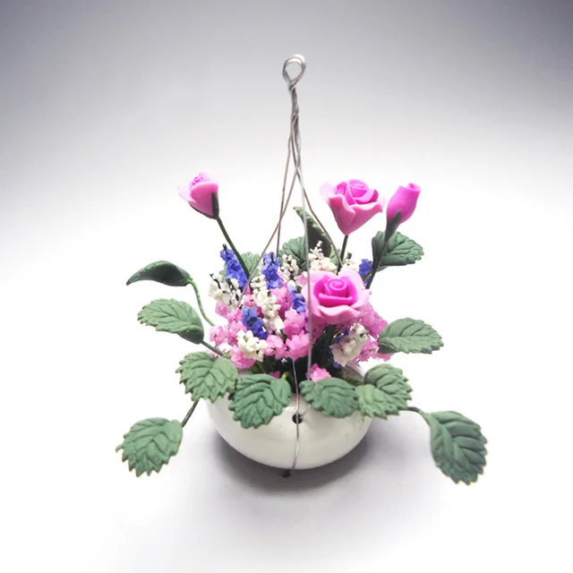 1PC 1/12 Mini House Potting Adornment Mini Rose Hanging Basket Flower Arrangement Model for Home Decor (Pink+Green) 2