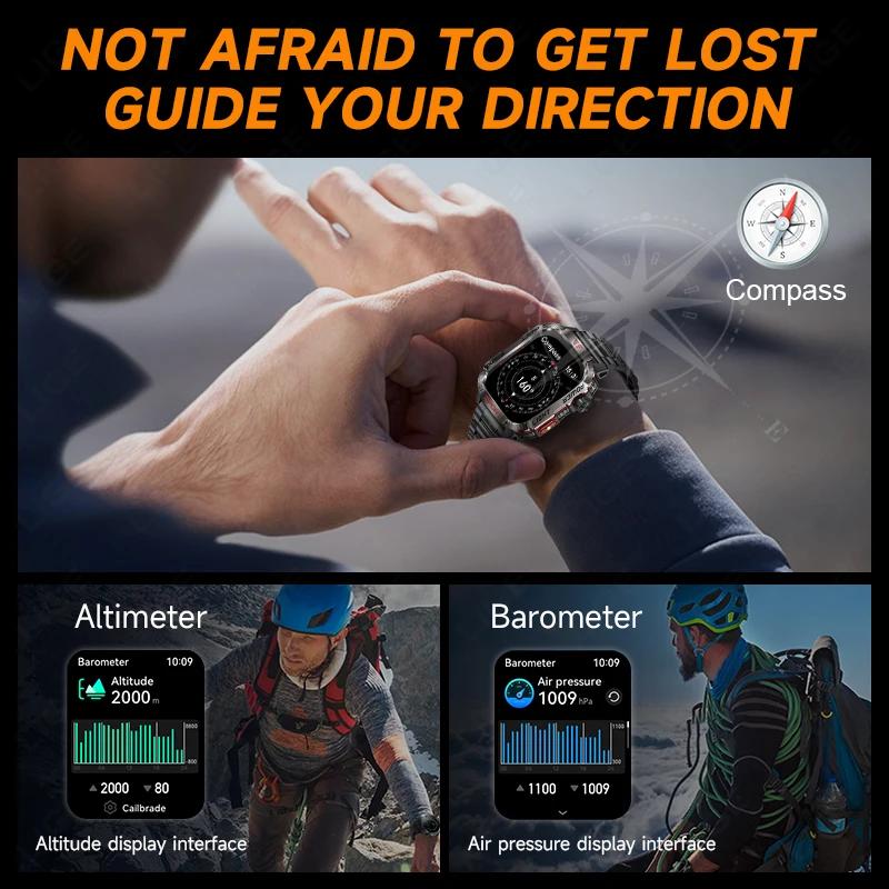 New Smart Watch Men 2.01"Large HD Screen Fitness Watch Air Pressure Measure Compass AI Voice Assistant BT Call 600mAh Smartwatch