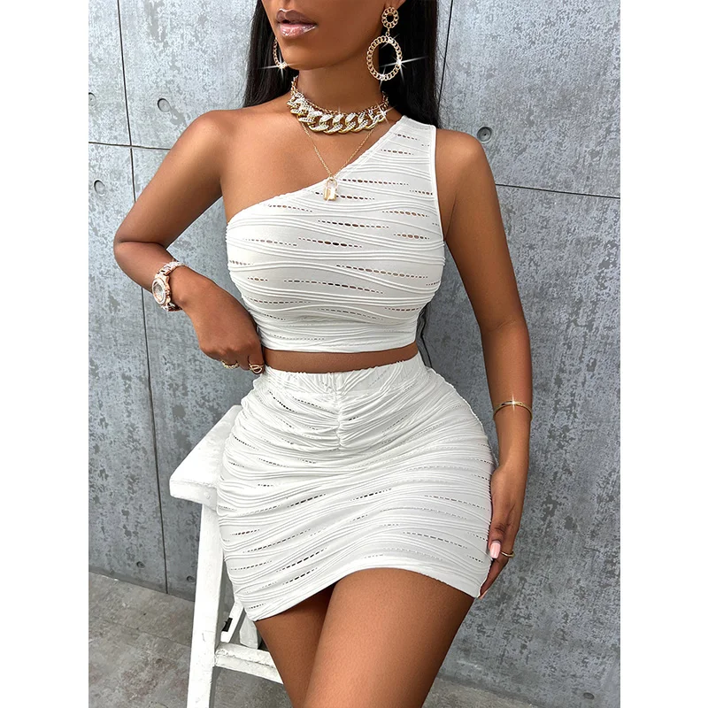

Women Dress Sets Female Suits Hot Sales Sleeveless Skew Collar Solid Color Casual Party Club Sexy Comfortable Stretch