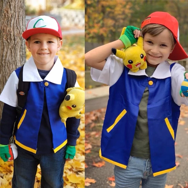 Pokemon Go Anime Blue Jacket Costume Boys Girls Ash Ketchum Cosplay for  Halloween Party Trainer Cap