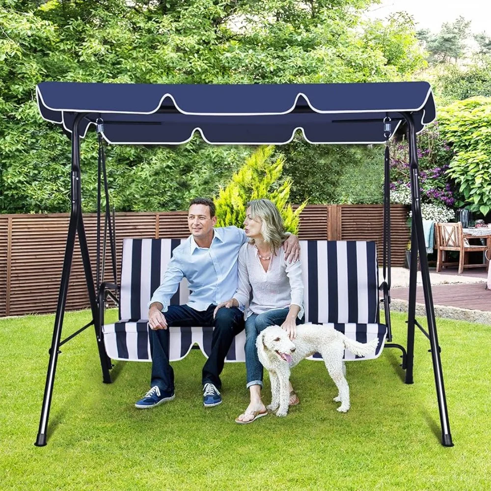 

3-Seat Patio Swing Chair, Outdoor Porch Swing Adjustable Canopy and Durable Steel Frame for Patio, Garden, Poolside Nevy Blue